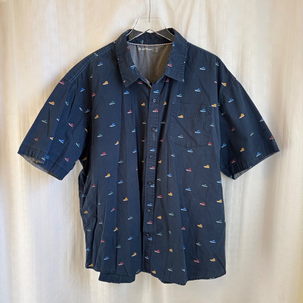 Airwalk Mens 3X Navy Blue Sneaker Print Short Sleeve Button Down Shirt Cotton
